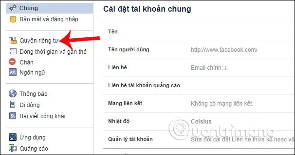 Truy cập mục Quyền riêng tư để điều chỉnh khả năng cách tìm kiếm tài khoản facebook
