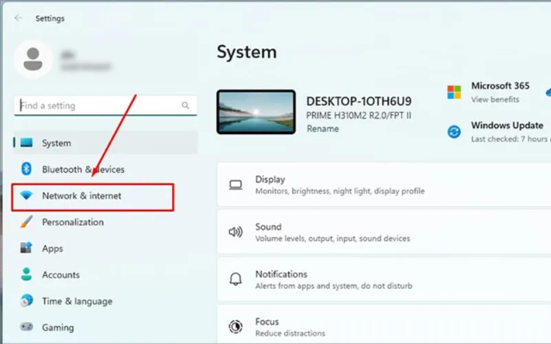Truy cập Network & Internet trong Settings Windows 11 để cài đặt VPN