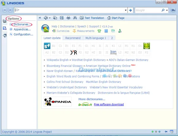 Truy cập Options và chọn Dictionaries để mở cửa sổ quản lý từ điển Lingoes