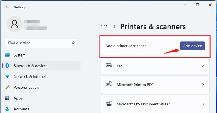 Truy cập Printers & Scanners trong Windows Settings để thêm máy in Canon