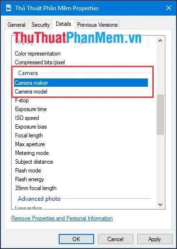 Truy cập tab Details trong Properties để chỉnh sửa metadata Exif