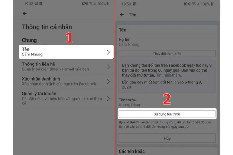 Truy cập Thông tin cá nhân, chọn Tên và Sử dụng tên trước