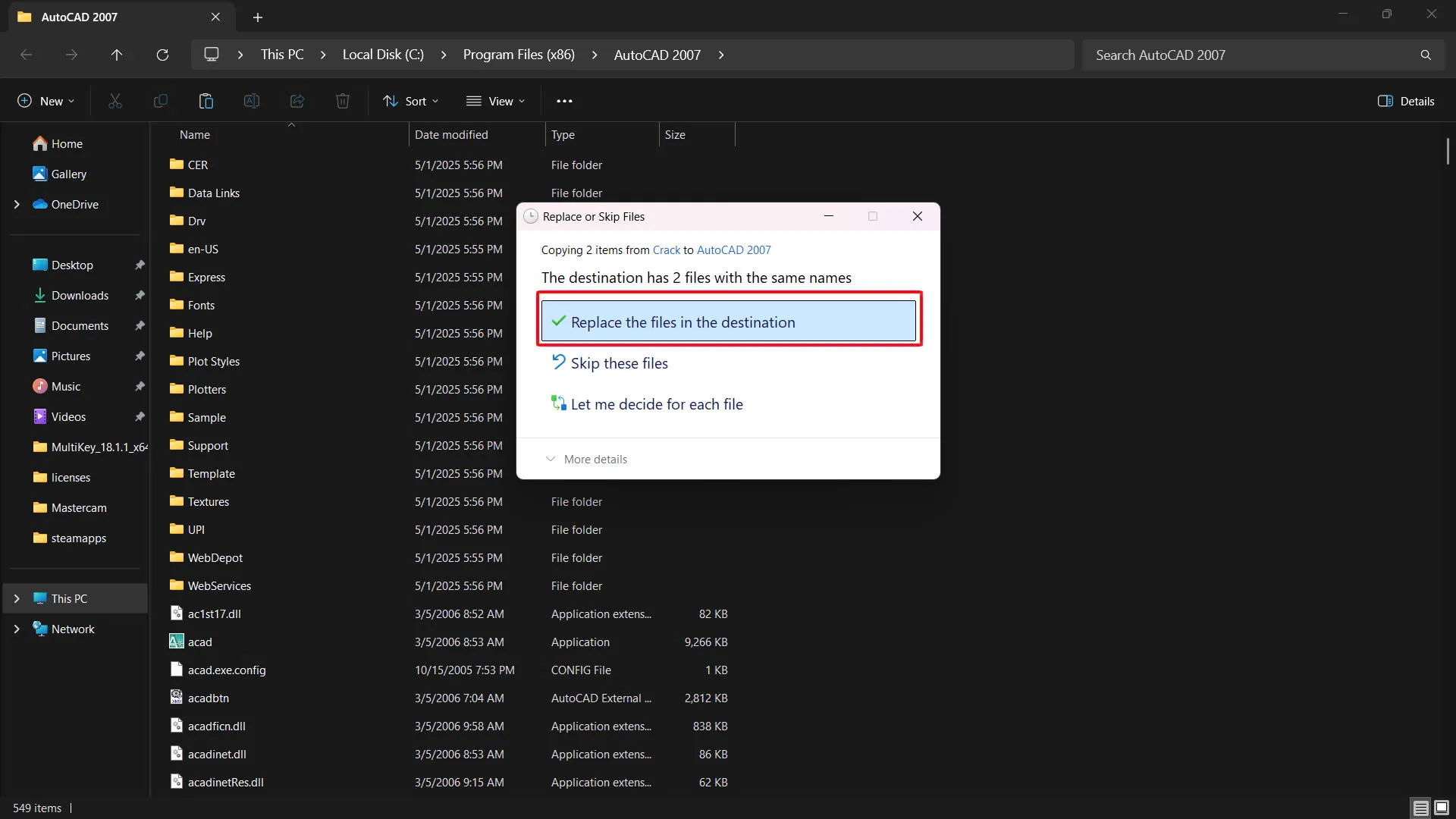 Truy cập thư mục cài đặt gốc C:Program Files (x86)AutoCAD 2007 để dán tệp