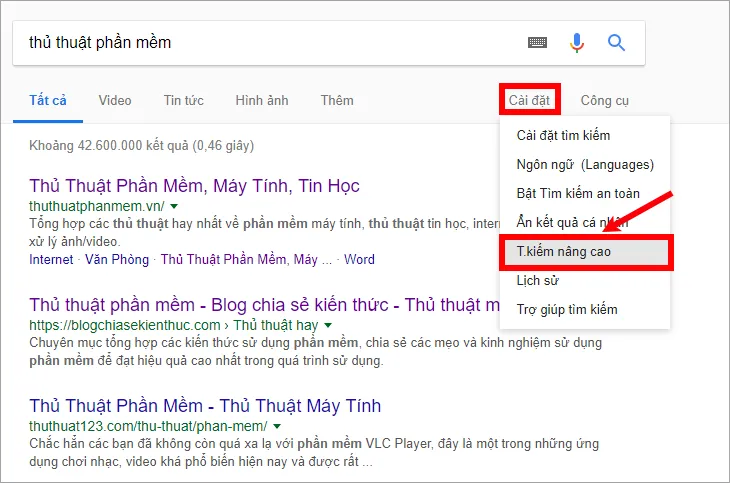Truy cập tìm kiếm nâng cao của Google để lọc hướng dẫn tải video facebook chi tiết hơn