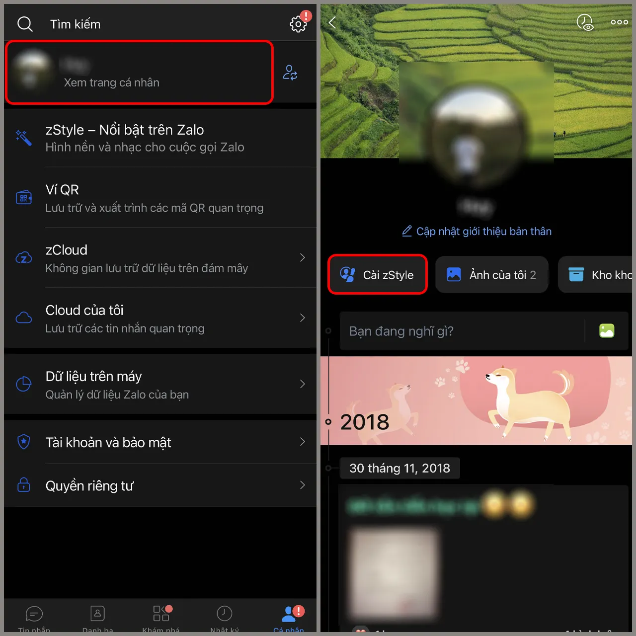 Truy cập trang cá nhân Zalo và chọn Cài zStyle để bắt đầu cách cài nhạc nền trên zalo