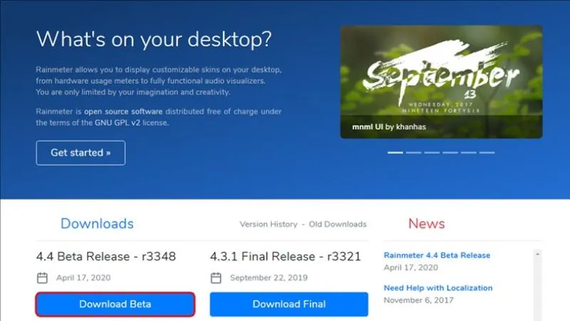 Truy cập trang chủ và nhấn nút Download để tải xuống ứng dụng Rainmeter