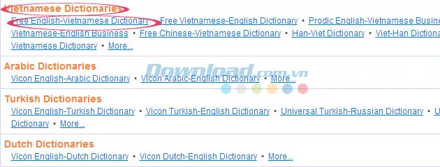Truy cập trang web của Lingoes, chọn Vietnamese Dictionaries và nhấn Free English-Vietnamese Dictionary