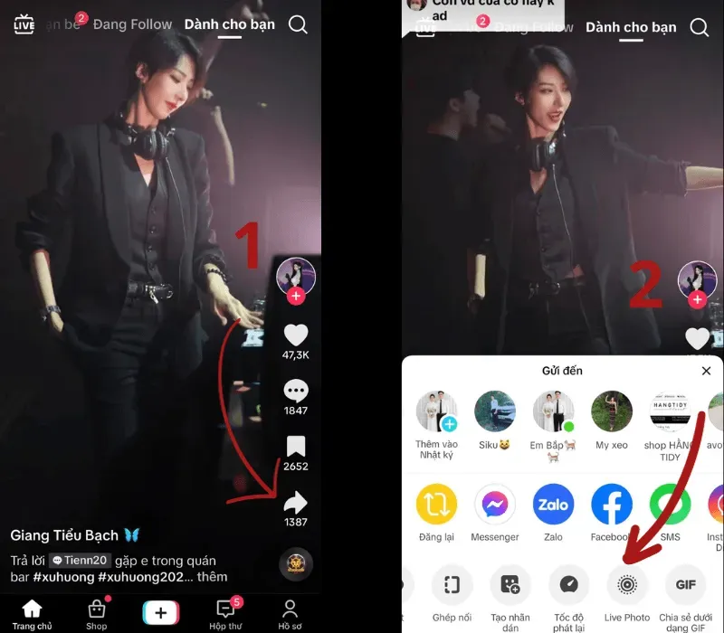 Truy cập tùy chọn chia sẻ video TikTok để tải live photo và cài làm hình nền