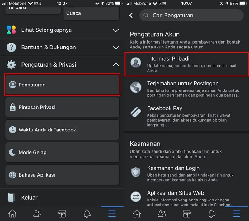 Truy cập vào Cài đặt (Pengaturan) và Thông tin cá nhân (Informasi Pribadi)