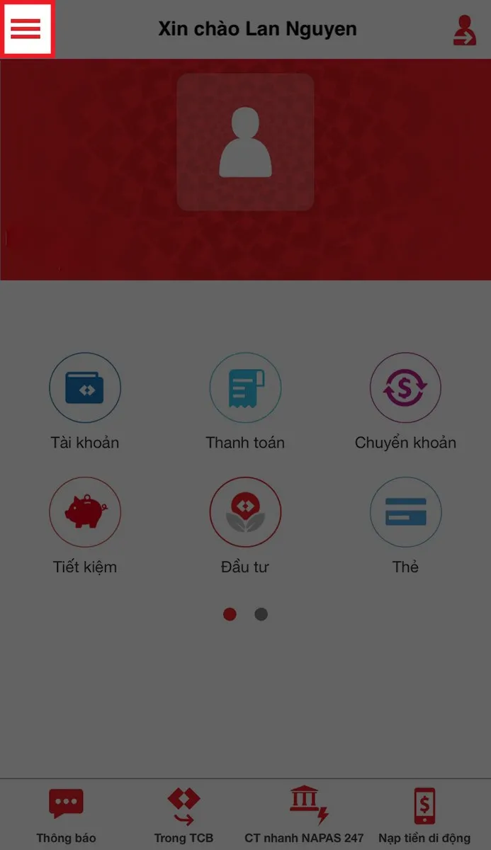 Truy cập vào Menu chính và chọn mục Cài đặt Smart OTP trong ứng dụng Techcombank