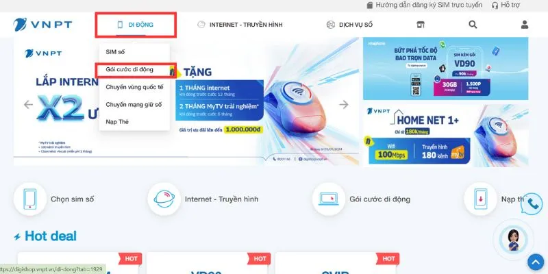 Truy cập website DigiShop VNPT và chọn phần gói cước trả sau