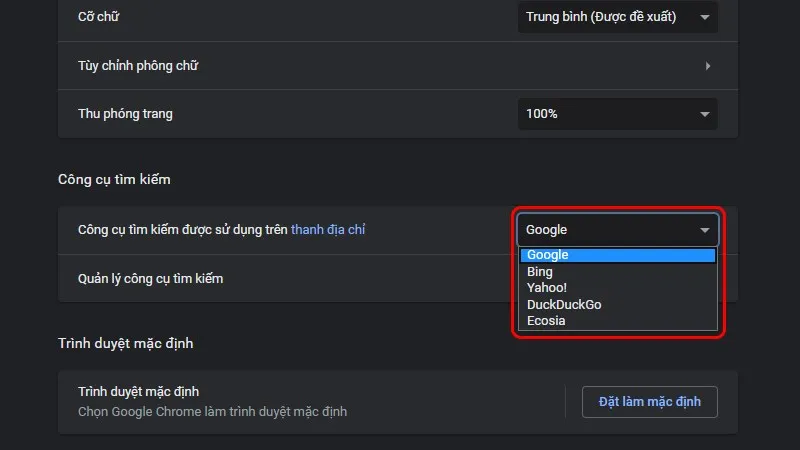 Tùy chỉnh Công cụ Tìm kiếm mặc định trong Google Chrome