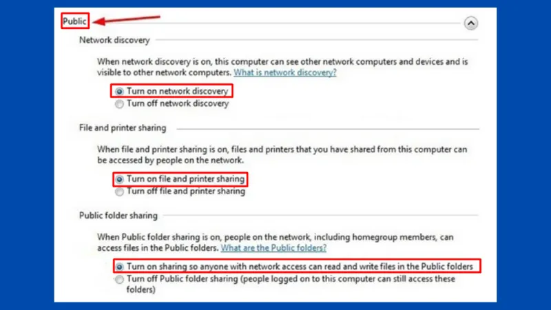 Tùy chỉnh mục Public trong cách cài đặt mạng lan cho máy tính win 7
