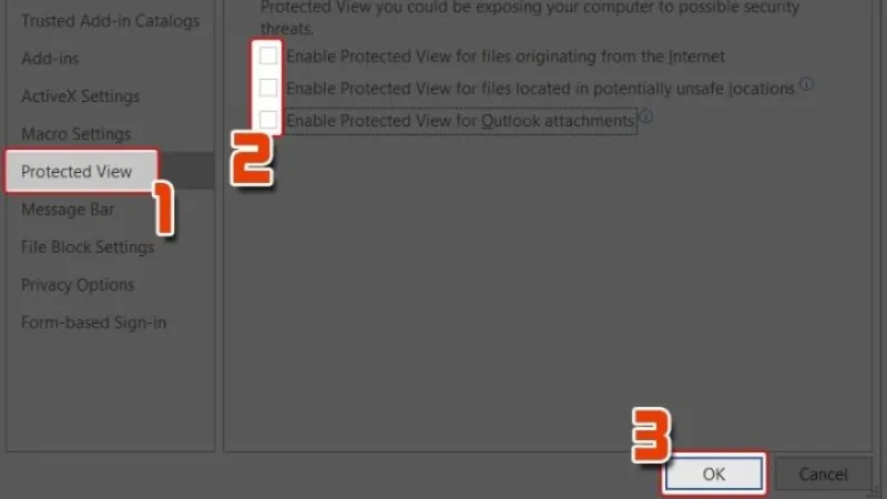 Tùy chỉnh tắt Chế độ xem được bảo vệ (Protected View) để khắc phục lỗi Word bị khóa