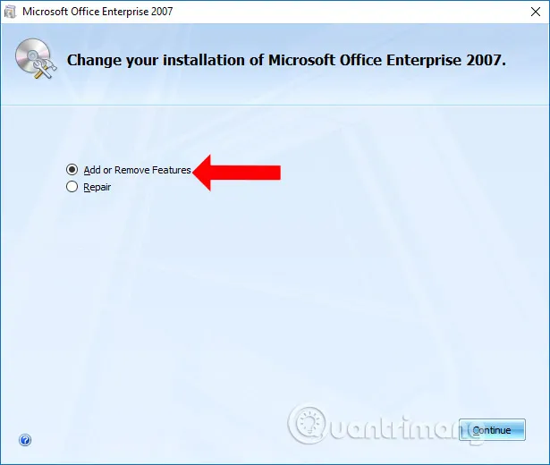 Tùy chọn Add or Remove Features để thêm hoặc bớt tính năng VBA