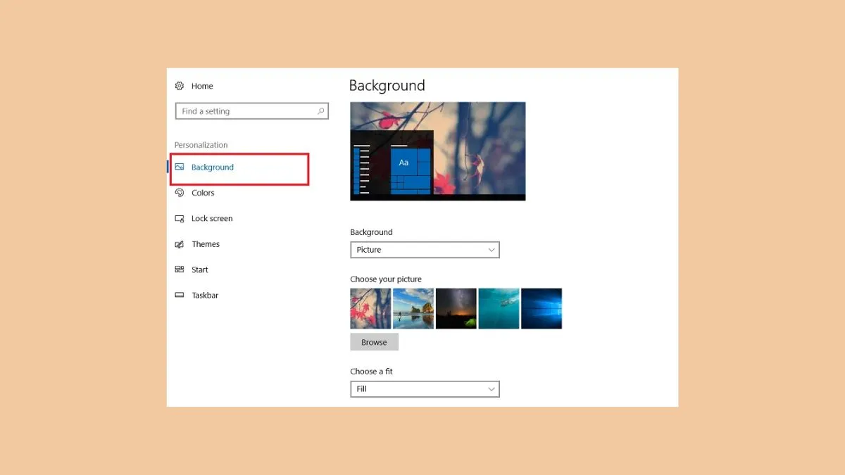 Tùy chọn Background và Choose a fit trên Windows 10