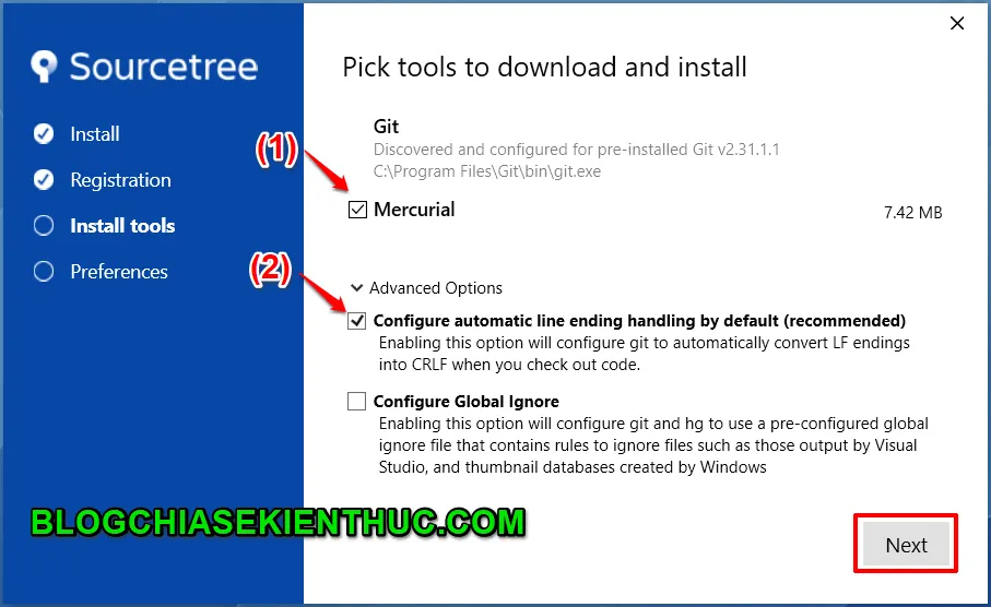 Tùy chọn cài đặt Git và Mercurial Embedded trong quá trình cài đặt SourceTree