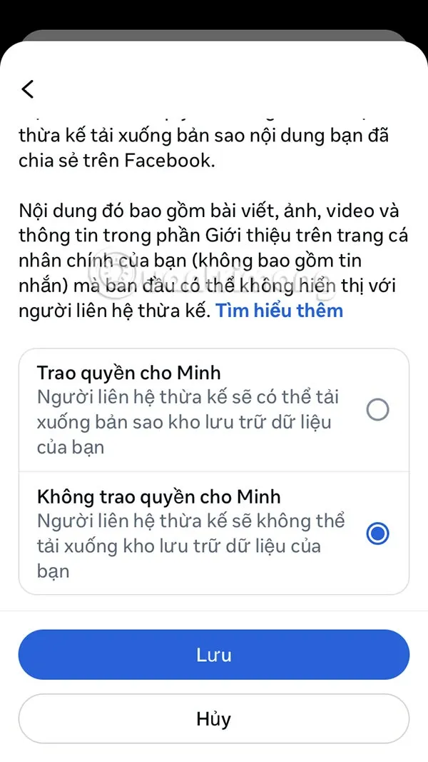 Tùy chọn cho phép tài khoản kế thừa tải bản sao dữ liệu Facebook