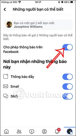 Tùy chọn Cho phép thông báo trên Facebook