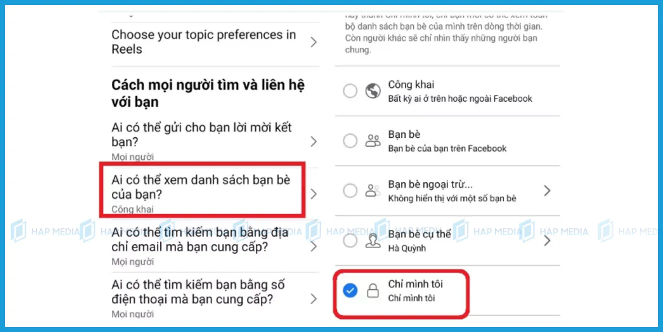 Tùy chọn công khai danh sách bạn bè trong cài đặt quyền riêng tư Facebook