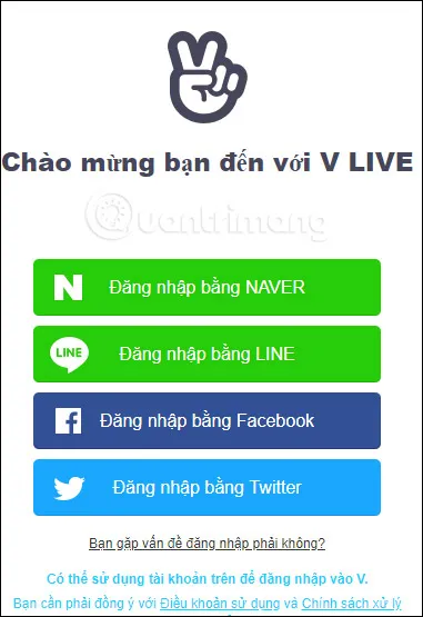 Tùy chọn đăng nhập V LIVE bằng các tài khoản mạng xã hội khác nhau trên phiên bản PC