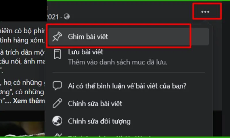 Tùy chọn "Ghim vào trang cá nhân" trên menu bài viết Facebook bằng máy tính