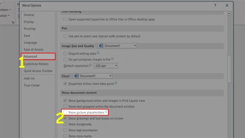Tùy chọn hiển thị nội dung tài liệu để khắc phục lỗi không hiển thị hình ảnh trong Word 2013
