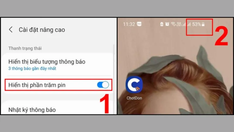 Tùy chọn Hiển thị phần trăm pin trong Cài đặt nâng cao được bật