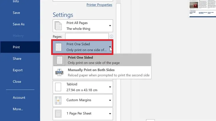 Tùy chọn in một mặt (One Sided) hoặc in hai mặt để tiết kiệm giấy