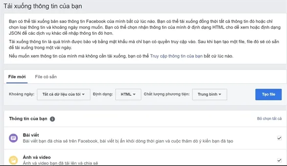 Tùy chọn tải dữ liệu Facebook - Khoảng ngày, định dạng và chất lượng hình ảnh - hình minh họa