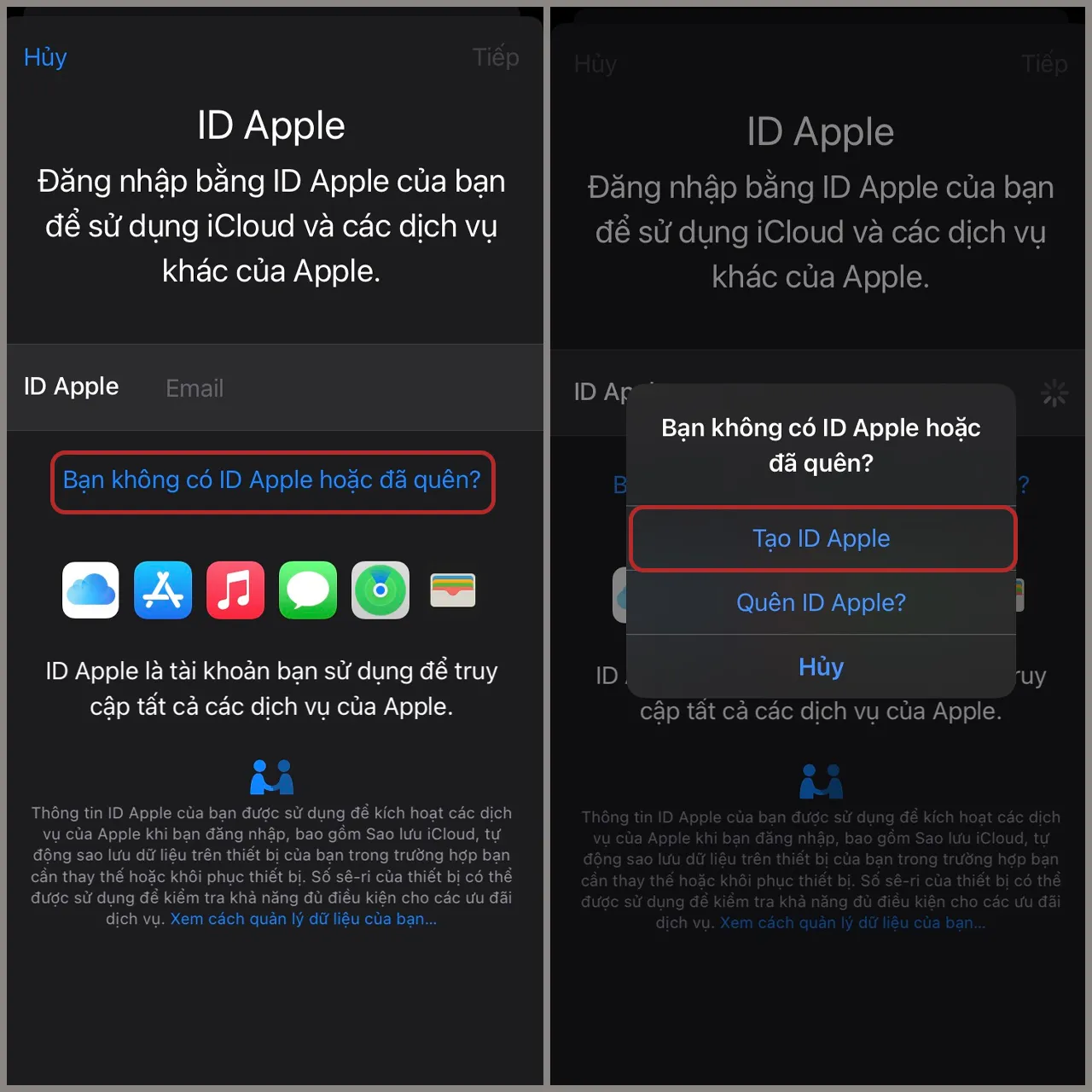 Tùy chọn tạo ID Apple mới