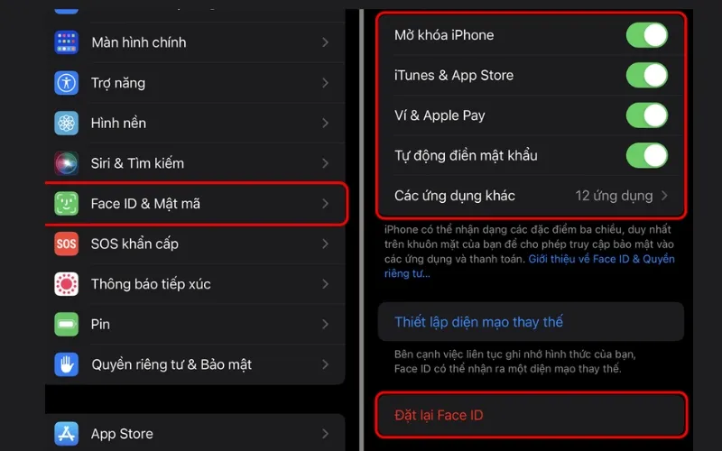 Tùy chọn tắt Face ID cho các mục đích sử dụng khác nhau trên thiết bị