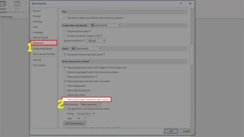 Tùy chọn tắt Hiển thị mã trường để sửa lỗi hiển thị số trang