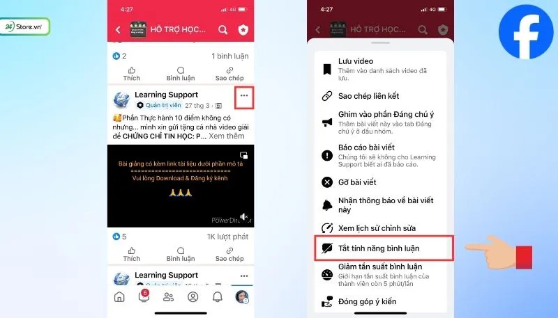 Tùy chọn tắt tính năng bình luận trên bài đăng nhóm hoặc Fanpage