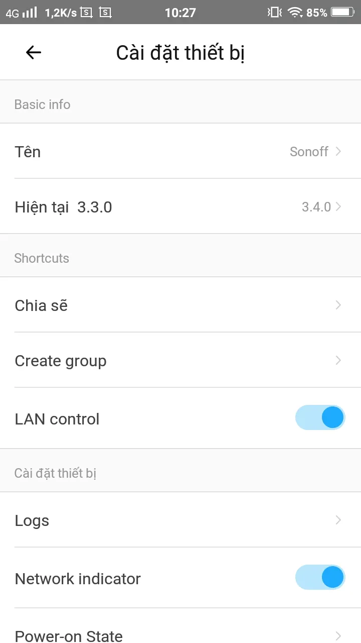 Tùy chọn thiết lập trạng thái Power-on State và Inching Settings