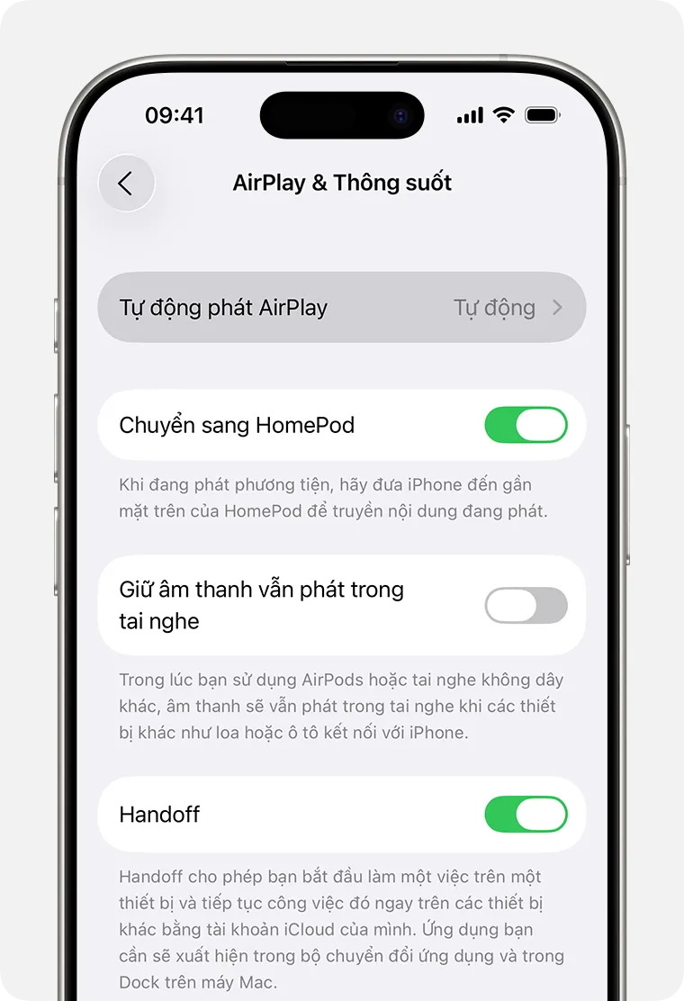 Tùy chọn Tự động phát AirPlay trên màn hình AirPlay &amp; Thông suốt đang được đặt ở chế độ Tự động.