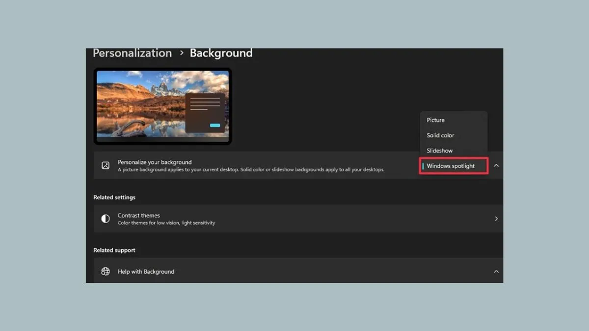 Tùy chọn Windows Spotlight và Picture trong cài đặt hình nền Win 11