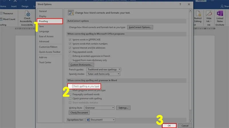 Tùy chọn Xác minh (Proofing) để tắt gạch chân màu đỏ kiểm tra chính tả Word 2013