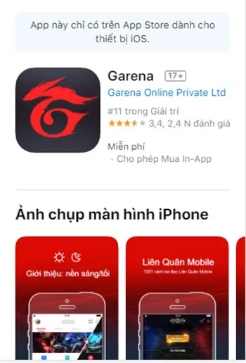 Ứng dụng Garena Mobile trên giao diện Apple App Store