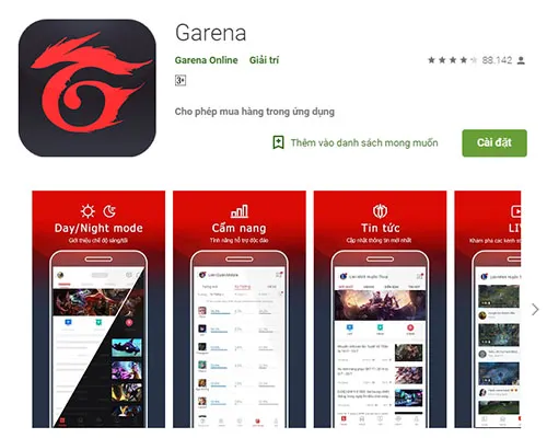 Ứng dụng Garena Mobile trên giao diện Google Play Store