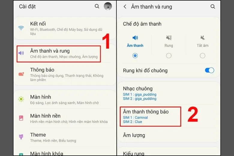 Vào Âm thanh và rung để chọn Âm thanh thông báo