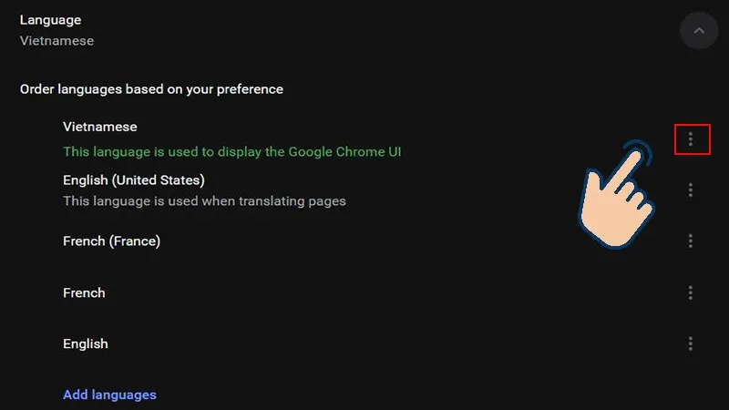 Vào biểu tượng 3 dấu chấm dọc ở dòng Vietnamese.