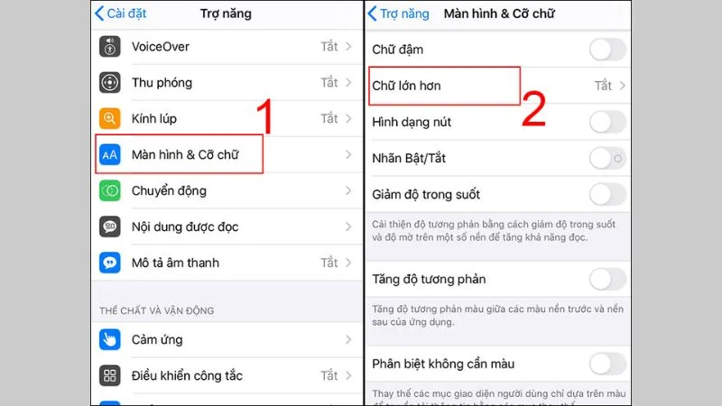 Vào Chữ lớn hơn trong Màn hình và Cỡ chữ Trợ năng