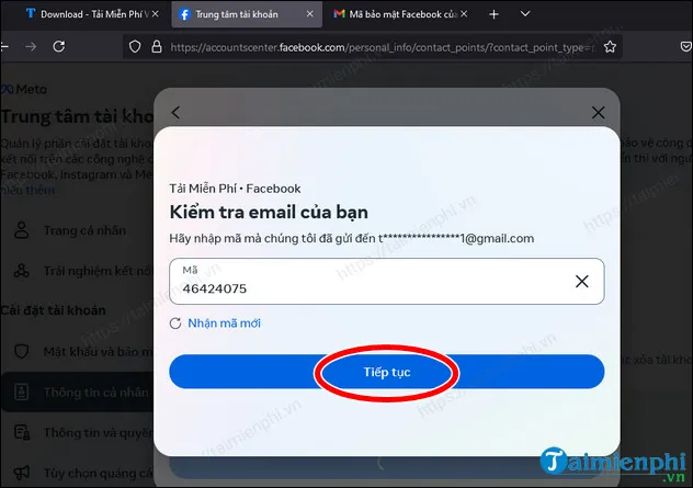 Vào Email/Gmail lấy mã OTP nhập vào ô trống