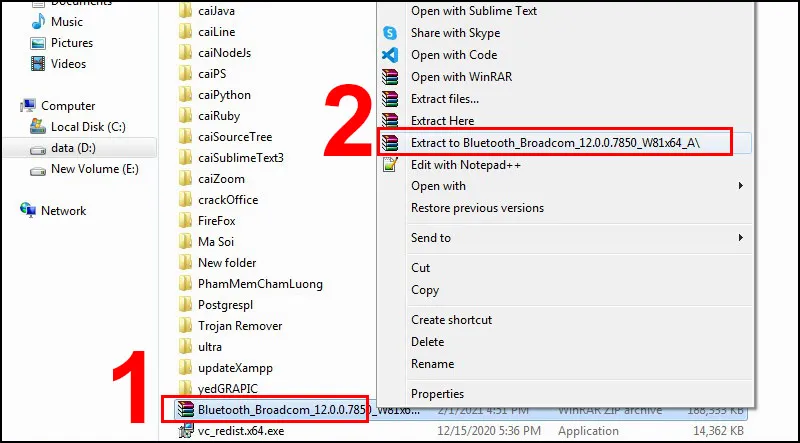 Vào file vừa tải về, nhấn chuột phải > Chọn Extract to Bluetooth_Broadcom để giải nén file.