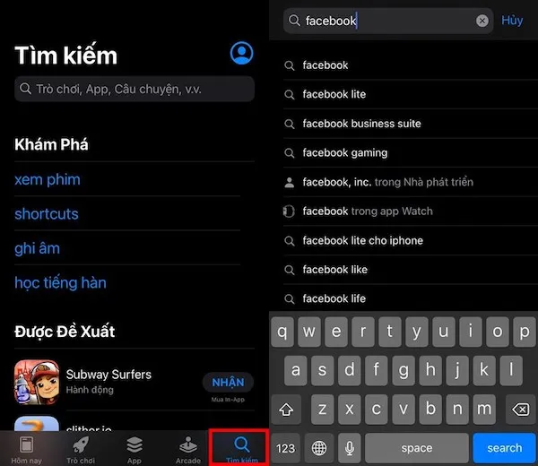 Vào ô tìm kiếm và nhập từ khóa “Facebook” để tìm kiếm ứng dụng