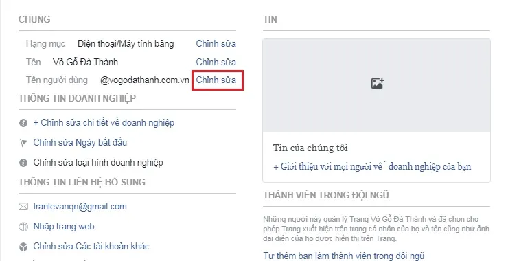 Vào phần chỉnh sửa để cài đặt lại url fanpage