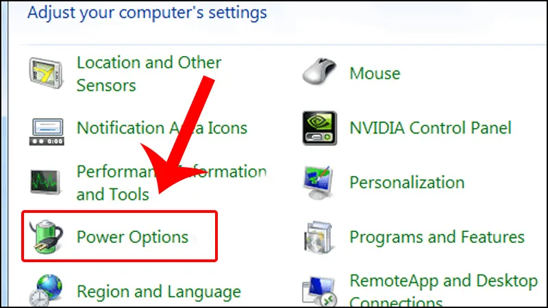 Vào Power Options
