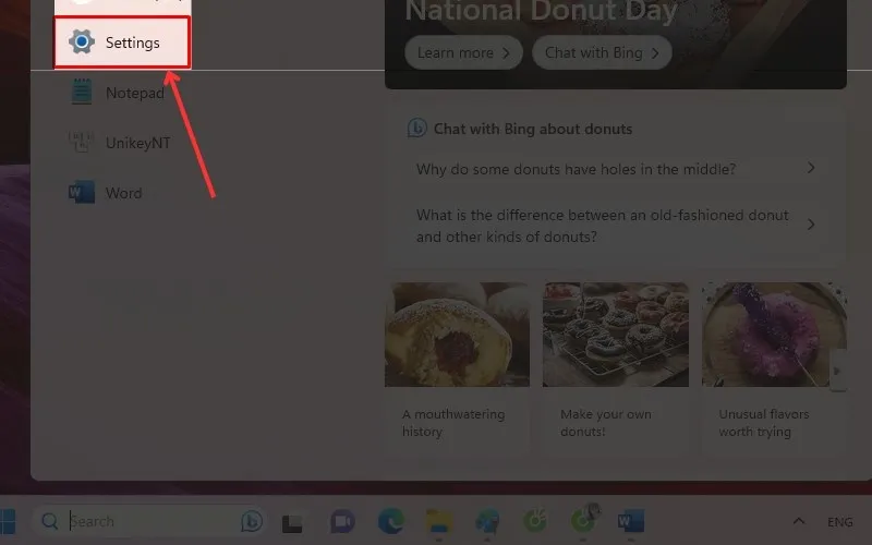 Vào Search để tìm kiếm Settings