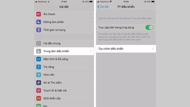 Vào Trung tâm điều khiển để tùy chỉnh trên iPhone